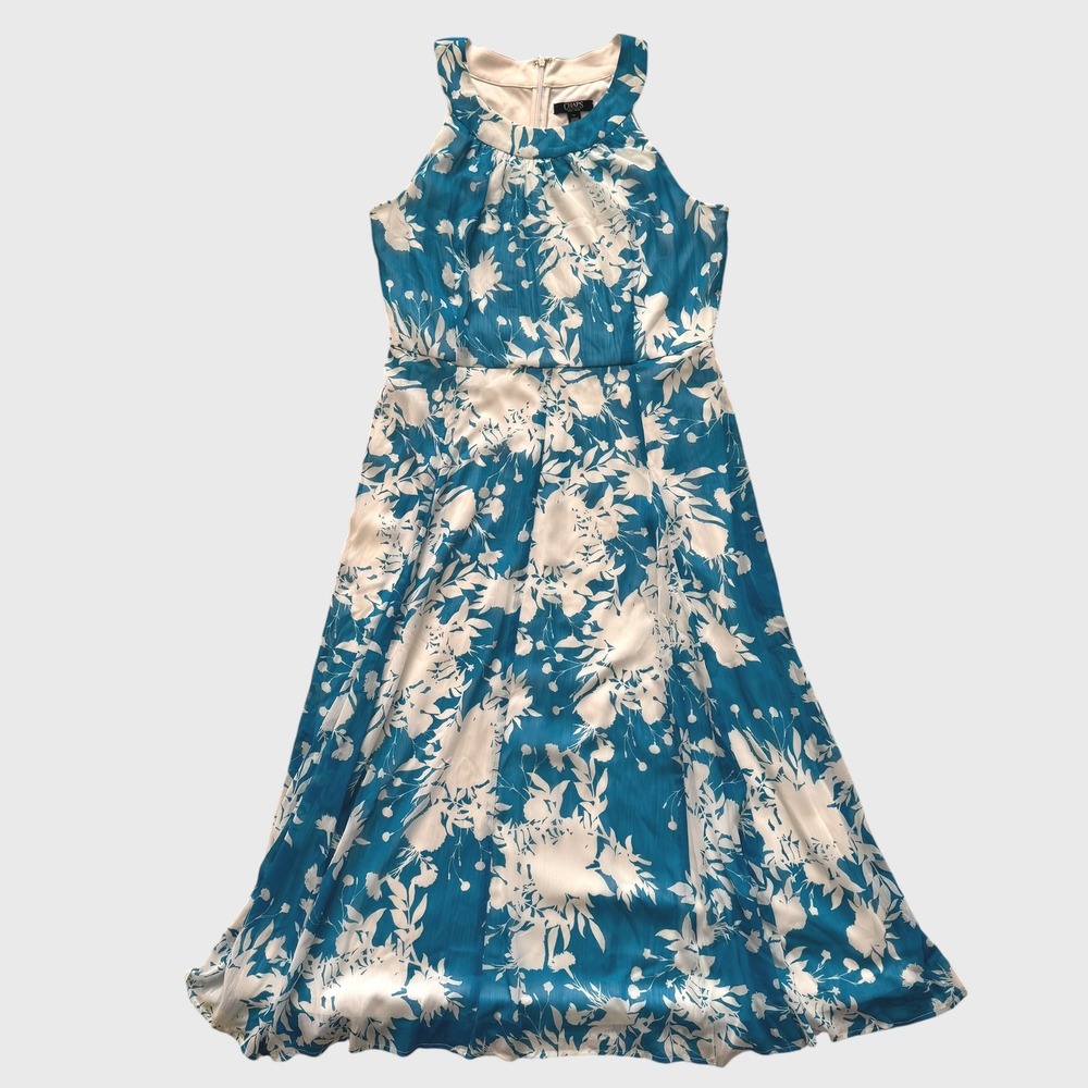 Chaps Womens Blue White Floral Halter Midi Dress Size 14 wedding floral chiffon